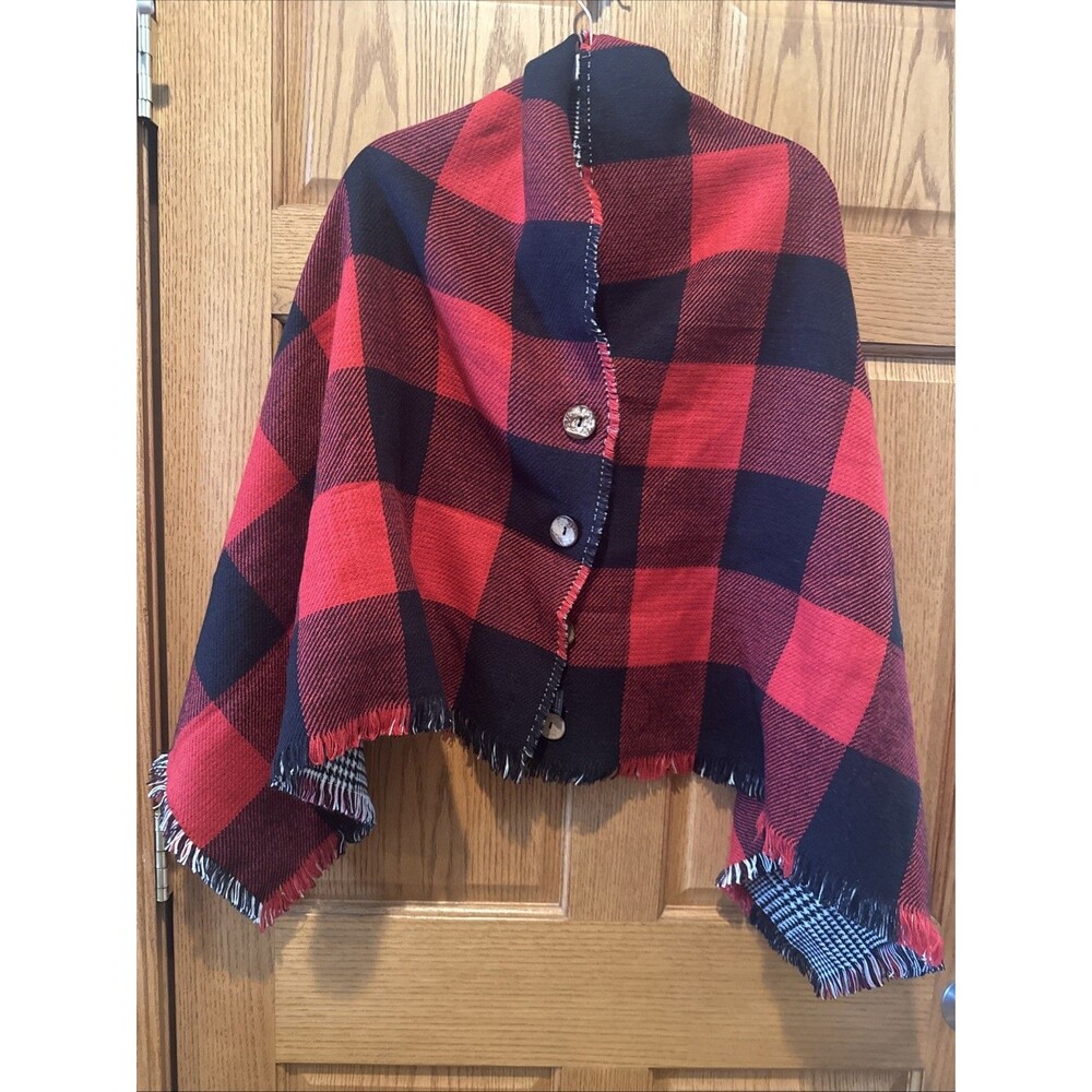 Reversible Scarf Shawl Cape Red Black Buffalo Plaid Wood Buttons 60x29”Fringe